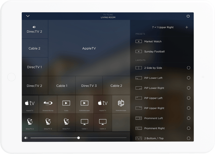 Savant video tiling control interface on an iPad, showing multiple TV input options and layout presets for a living room setup.