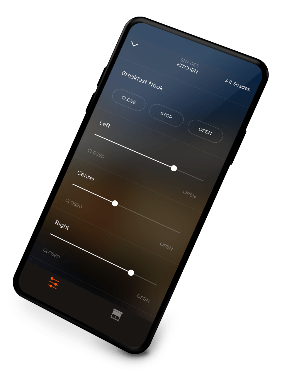 Smart home mobile app interface controlling kitchen window shades, with sliders for left, center, and right shades and open, close, and stop controls.