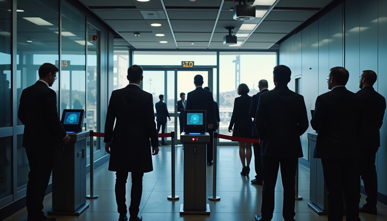 Corporate lobby security checkpoint with red rope barriers and turnstiles equipped with biometric readers; several business professionals queue and badge in while ceiling-mounted cameras monitor the glass entry doors and cityscape beyond.