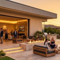 Luxury patio at sunset with people relaxing near a pool, fire pit, and skyline view.
