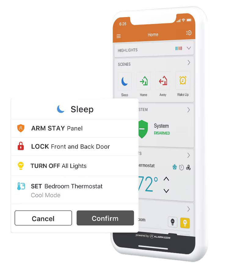 Alarm.com’s app interface showcasing customizable scenes such as sleep mode, with quick options to lock doors and adjust home settings.