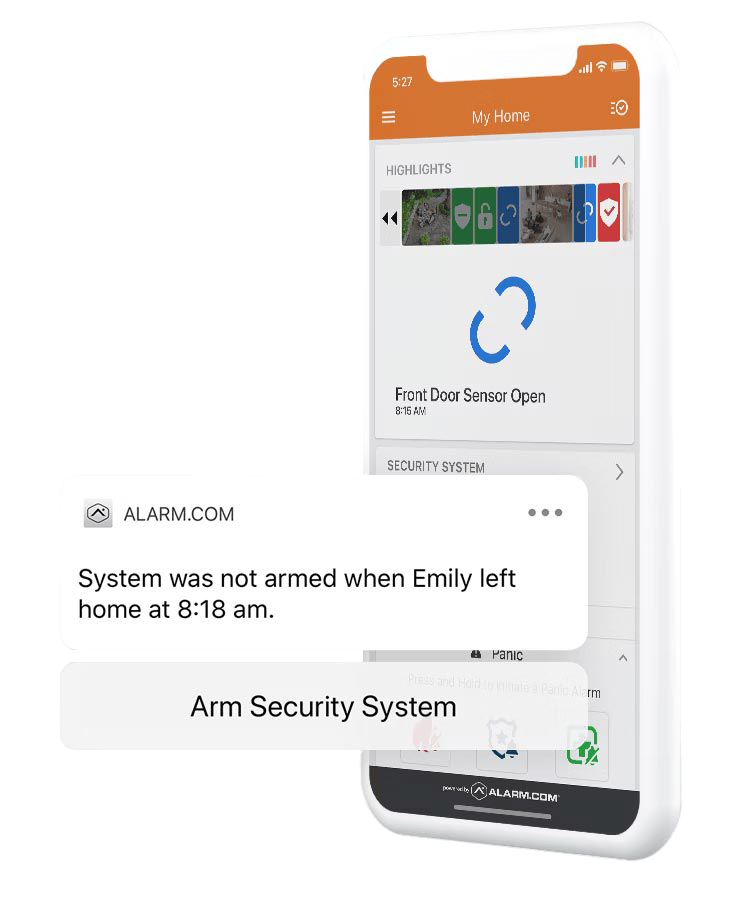 Alarm.com’s home security app interface with highlighted features, including open door notifications and reminders to arm the system remotely.