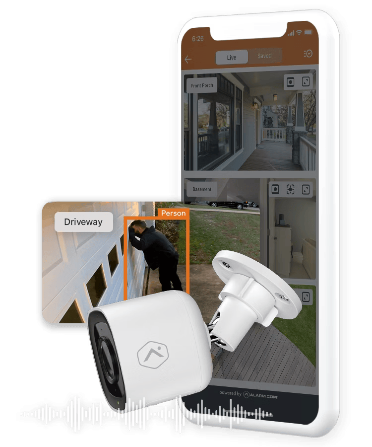 Alarm.com’s app displaying real-time video footage and AI-based motion detection, highlighting advanced monitoring for home security.