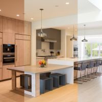 A kitchen space showcasing Lutron’s Ketra lighting features, displaying lights with varying colors.