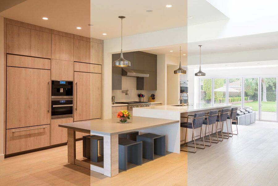 A kitchen space showcasing Lutron’s Ketra lighting features, displaying lights with varying colors.