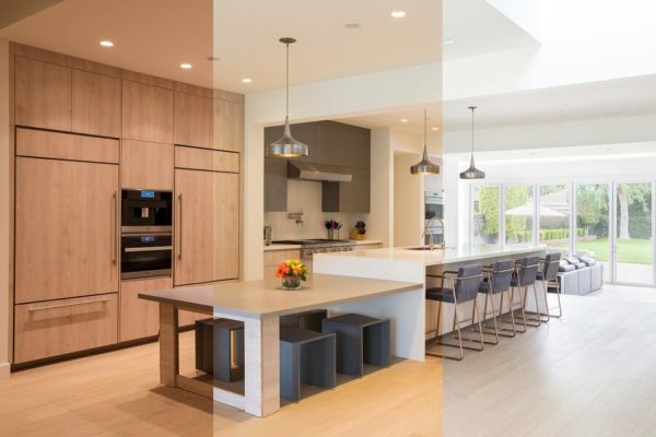 A kitchen space showcasing Lutron’s Ketra lighting features, displaying lights with varying colors.