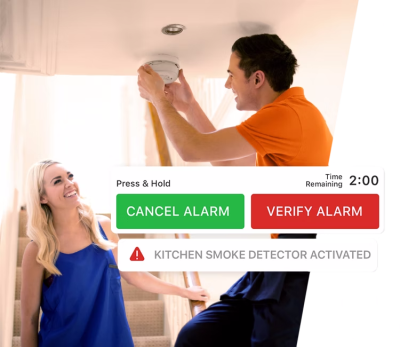 A man installing a smoke detector, featuring Alarm.com’s intuitive alert system with options to cancel or verify alarms within a countdown timer.