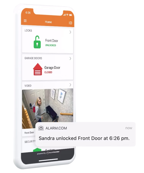 Alarm.com’s mobile app interface showing garage door and lock controls, complete with real-time status updates and notifications for smart home security.