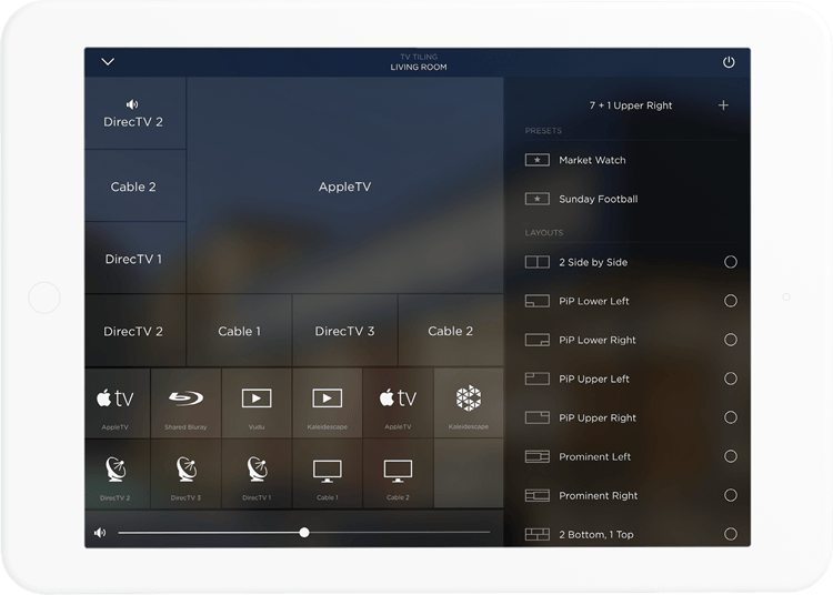 Savant video tiling control interface on an iPad, showing multiple TV input options and layout presets for a living room setup.