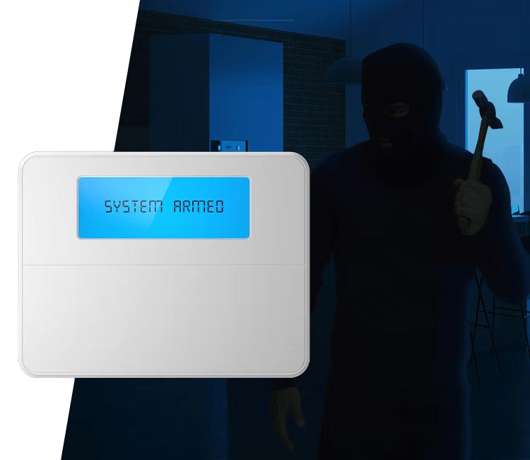 A security control panel reading “System Armed” with a shadowy figure in the background, showcasing Alarm.com’s effective security measures.