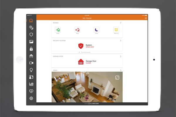 A tablet displaying a home security interface, showcasing various system controls for security, scenes, and video surveillance in a clean, user-friendly layout.